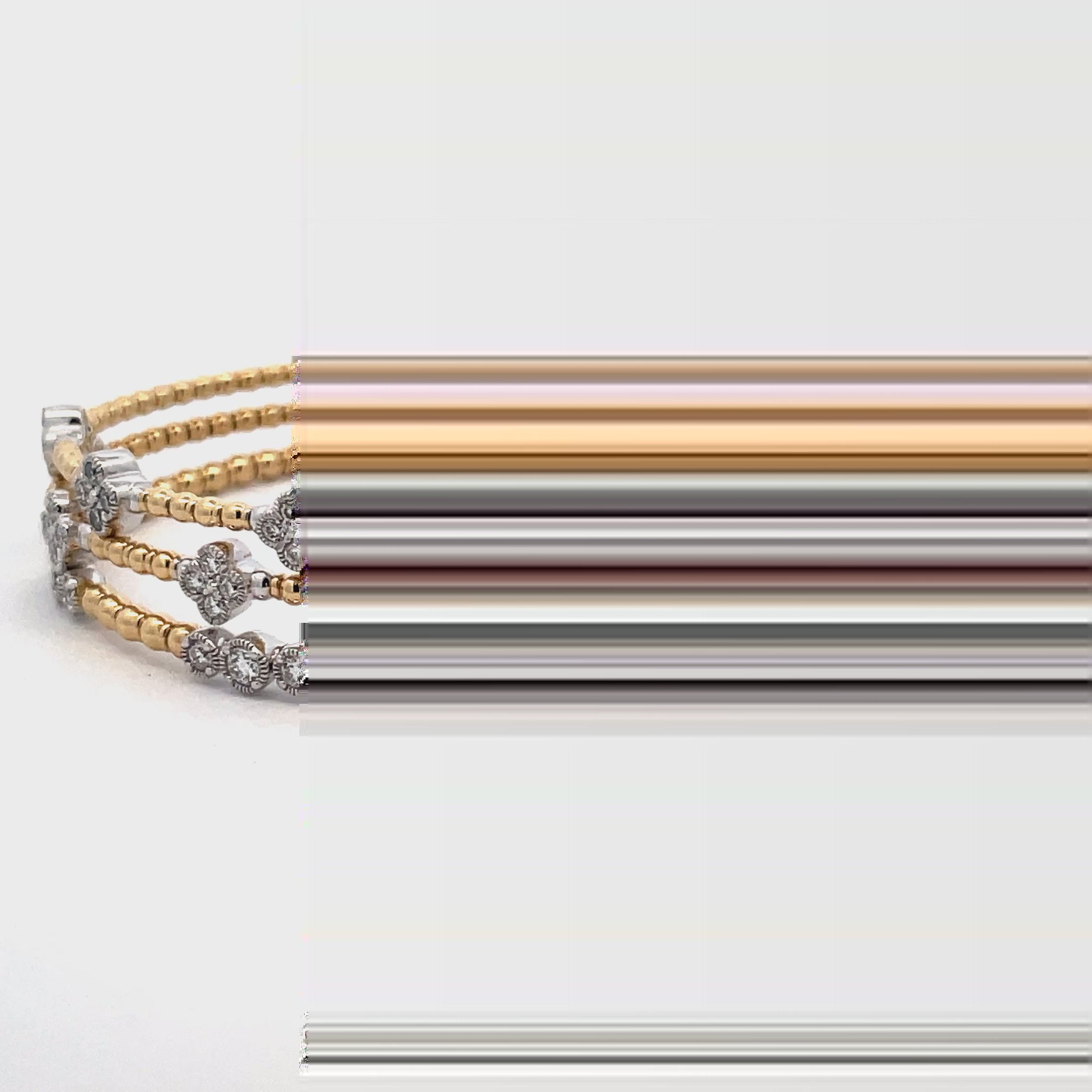 Try on view of 14k Flexible White and Yellow Gold Five Triple Circle Station Diamond Bangle Braceletf 