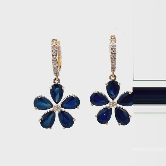 Try on video of 14k Yellow Gold Sapphire and Diamond Flower Drop Earrings 