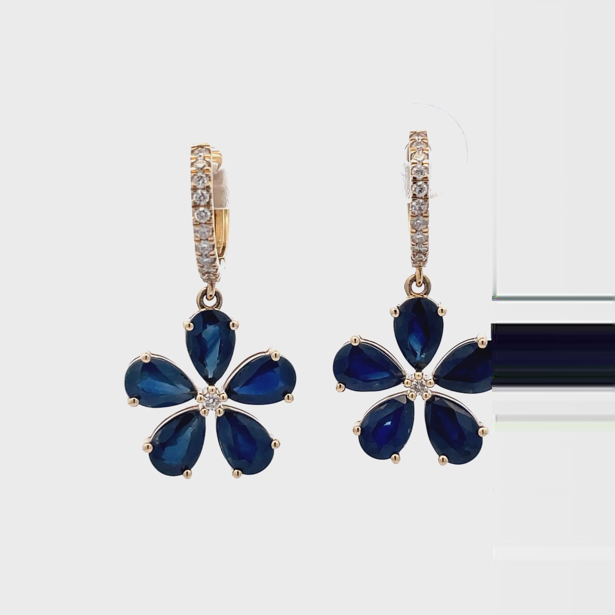 Try on video of 14k Yellow Gold Sapphire and Diamond Flower Drop Earrings 