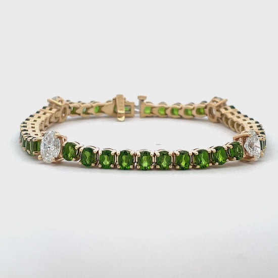 Try on video of Tsavorite Garnets and Oval Cut Diamond Line Bracelet 