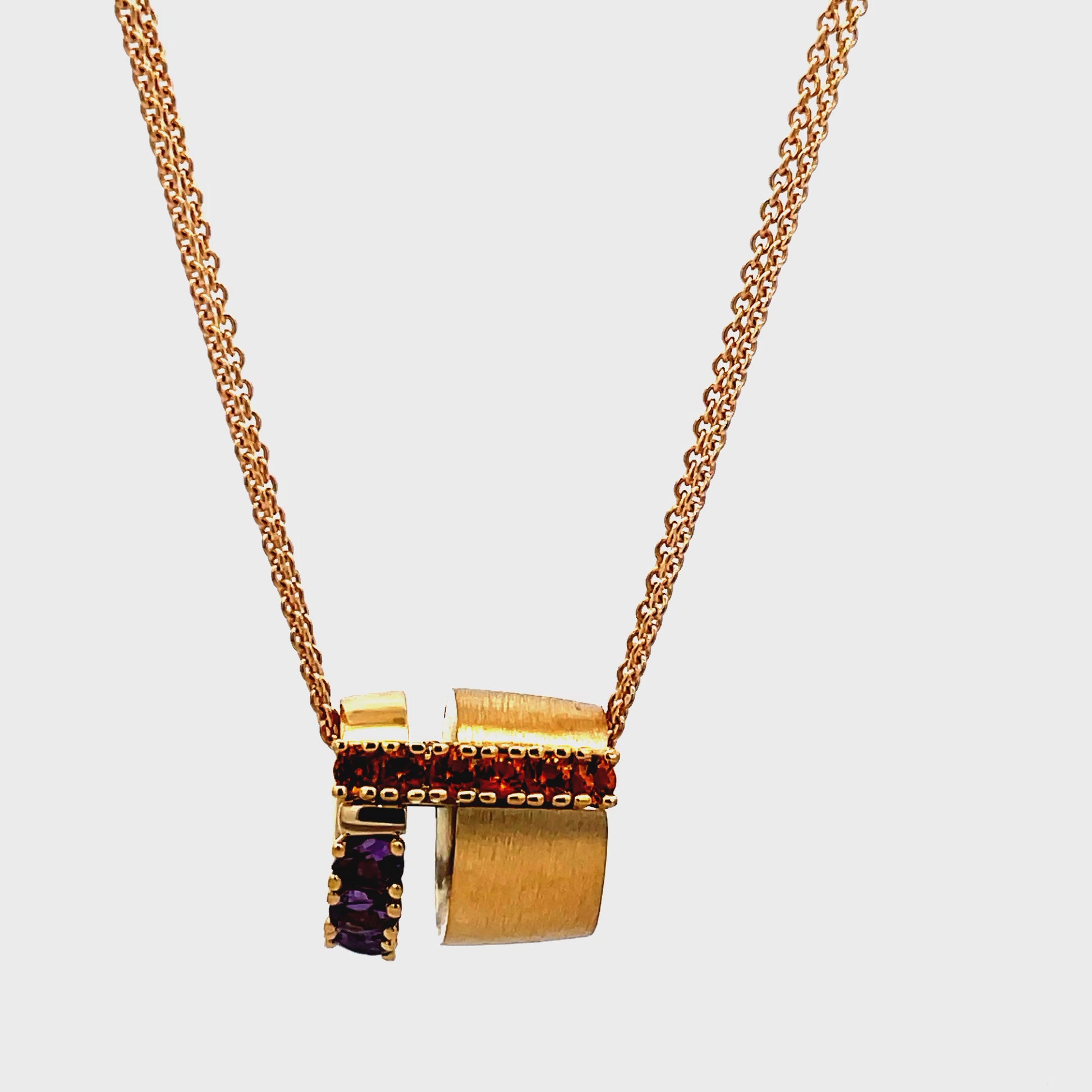 Try on video of 18K Italian Made Yellow Gold Amethyst and Citrine Barrel Pendant Necklace 18"
