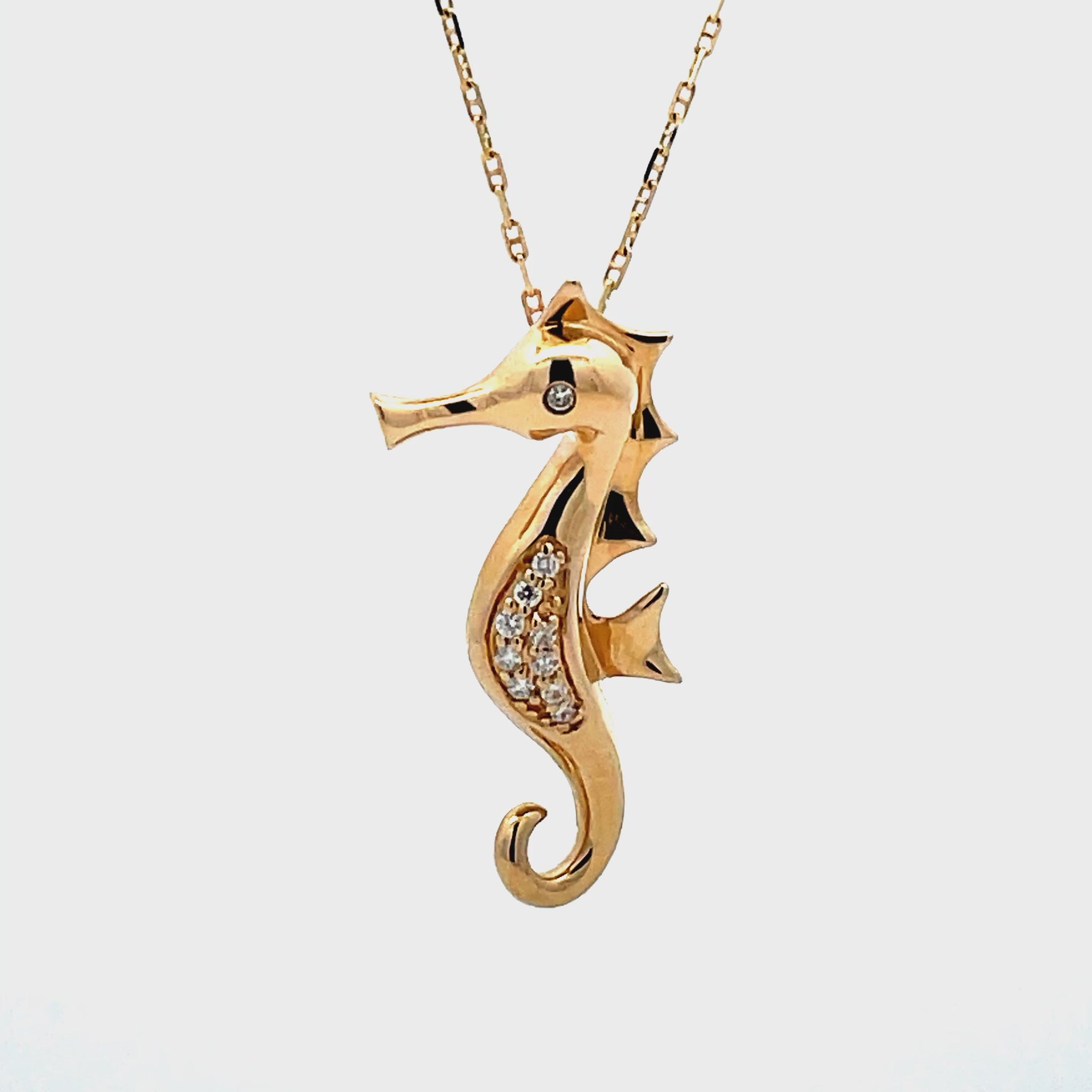Try on view of 14k Yellow Gold Diamond Seahorse Pendant Necklace