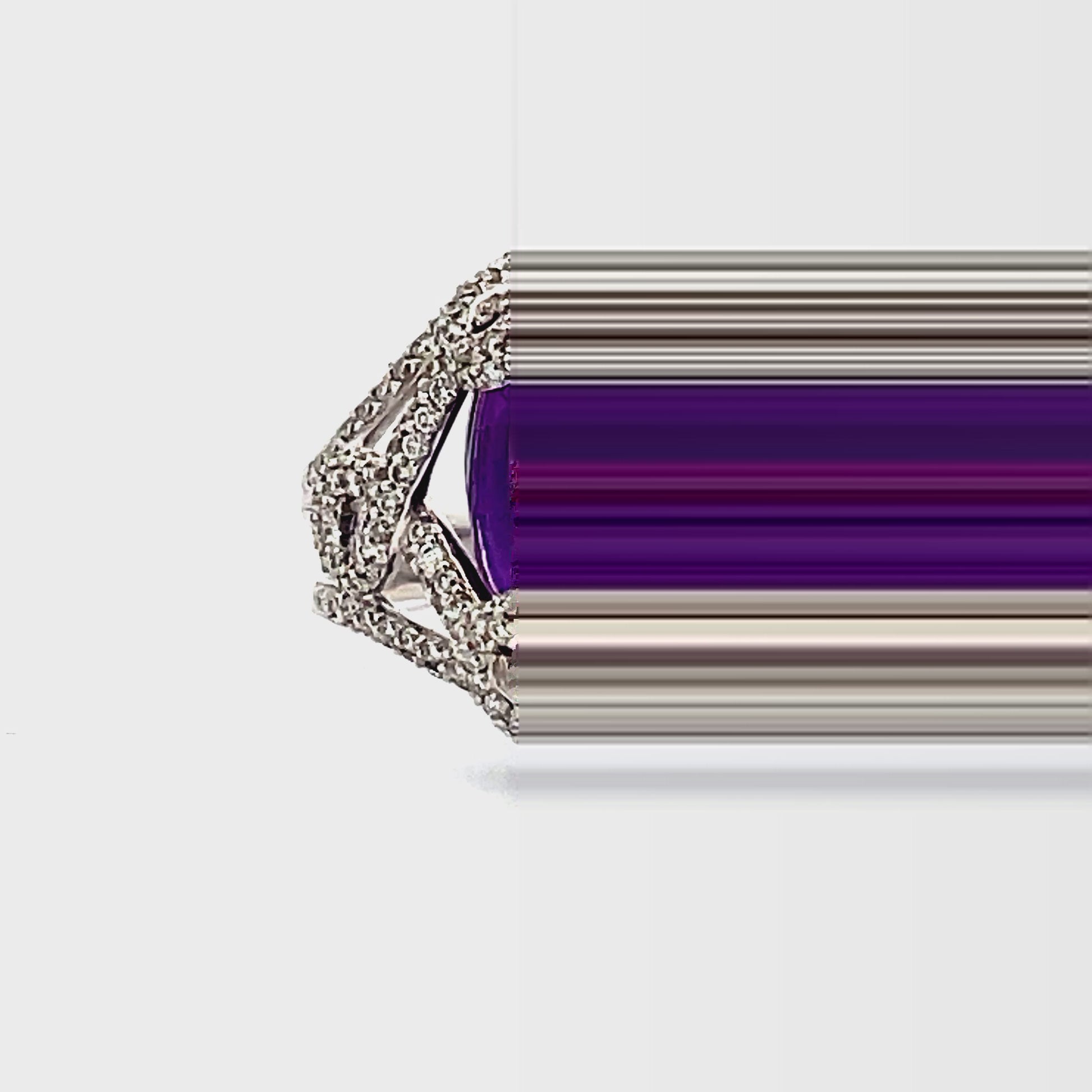 Watch Front View and Side View of Amethyst Cabochon and Diamond Ornate Ring.