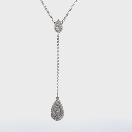 Try on video of 14k White Gold Diamond Pave Double Pear Shape Lariat Necklace 1.79 cts 