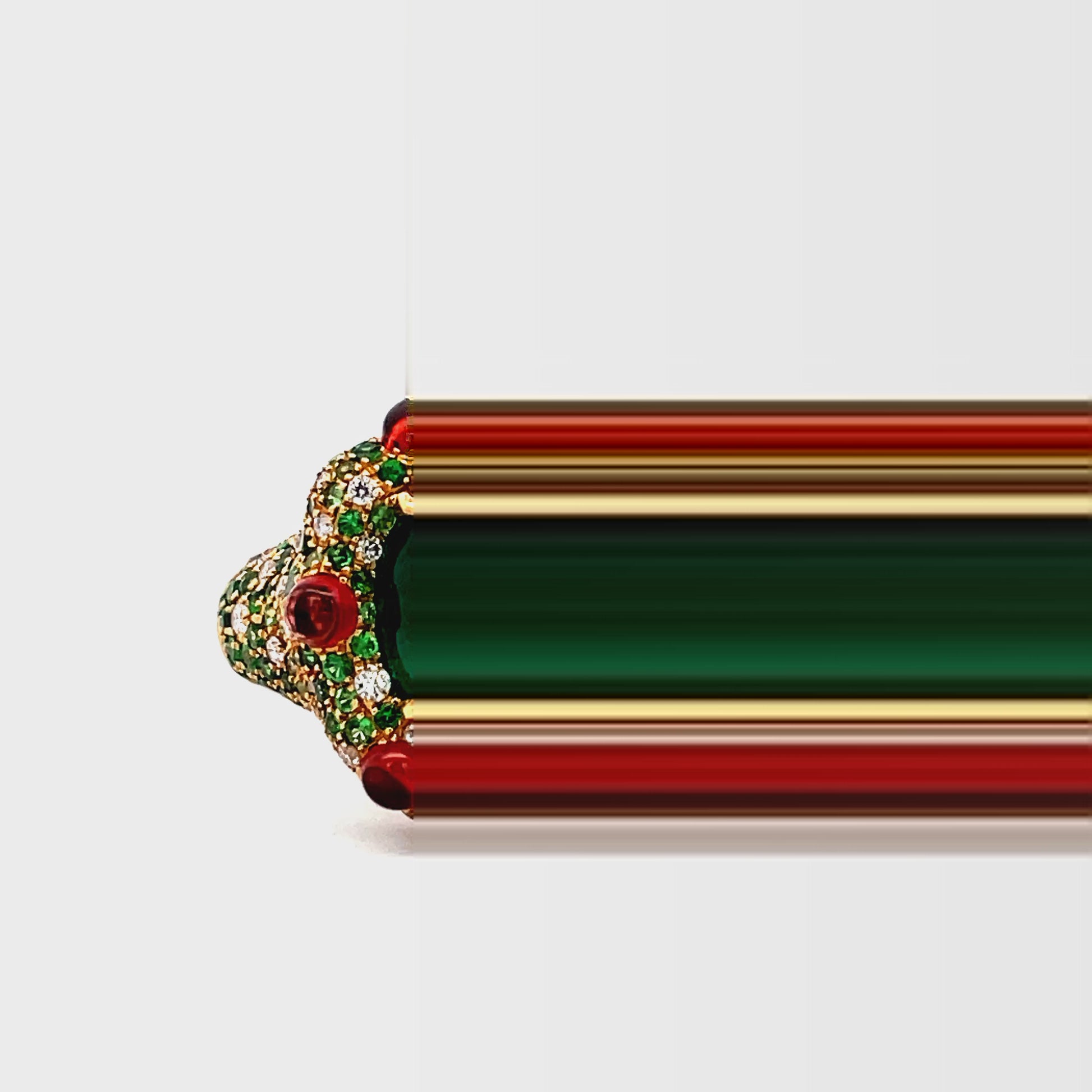 Try on video on 18k Yellow Gold Emerald Cabochon, Diamond and Garnet Dome Ring 