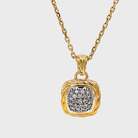 Add a touch of sophistication to your look with this John Hardy Estate Jewelry pendant. Crafted in 18k yellow gold, it features a sparkling square of round diamonds and an 18" chain with a sizing loop at 16". Elevate your style with this luxurious piece.