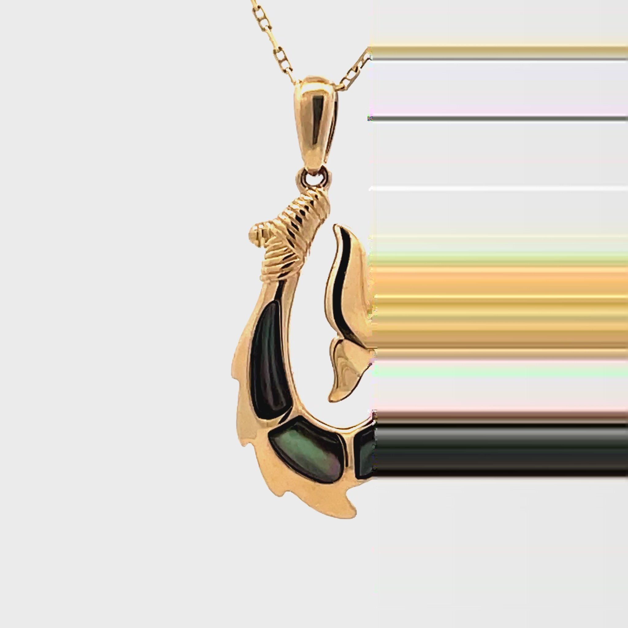 Try on view of 14k Yellow Gold Mother of pearl Fish Hook Pendant Necklace