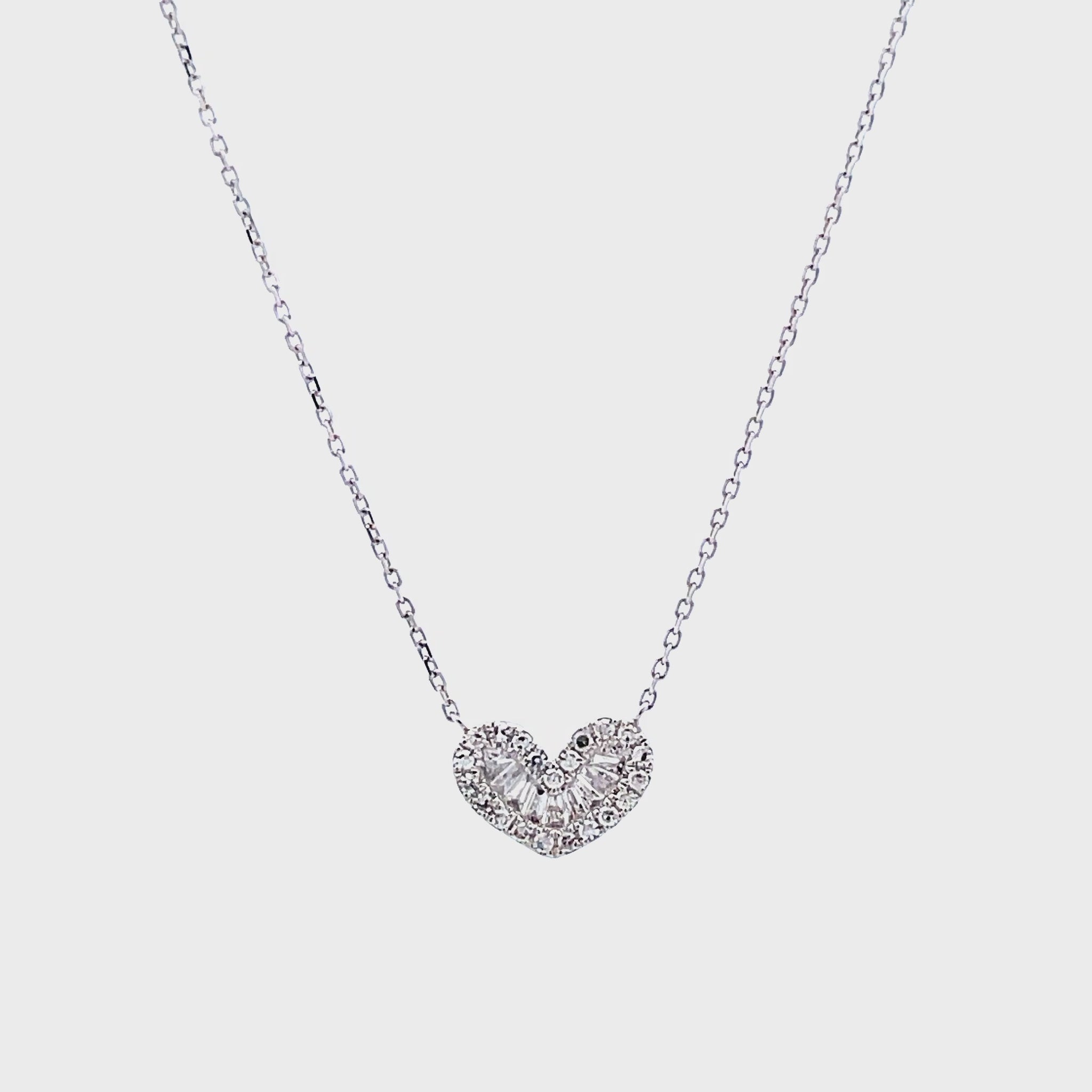Try on video of 18k White Gold Small Baguette Diamond Heart Necklace