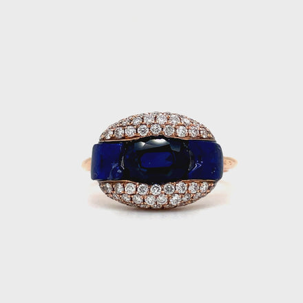 ndulge in luxury with our Open Lapis-Lauzli Diamond Pave Ring. Crafted from 14k rose gold, this ring is adorned with a stunning 1.00 ct oval sapphire, 0.61 ct round diamonds, and 0.79 ct lapiz lazuli. A true masterpiece for the sophisticated and exclusive individual.