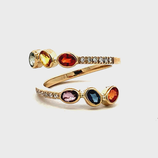 Try on video of 14k Yellow Gold Multicolor Sapphire & Diamond Criss Cross Ring 