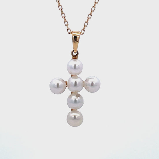 Try on video of 14k Italian Made Yellow Gold Pearl Cross Pendant Necklace