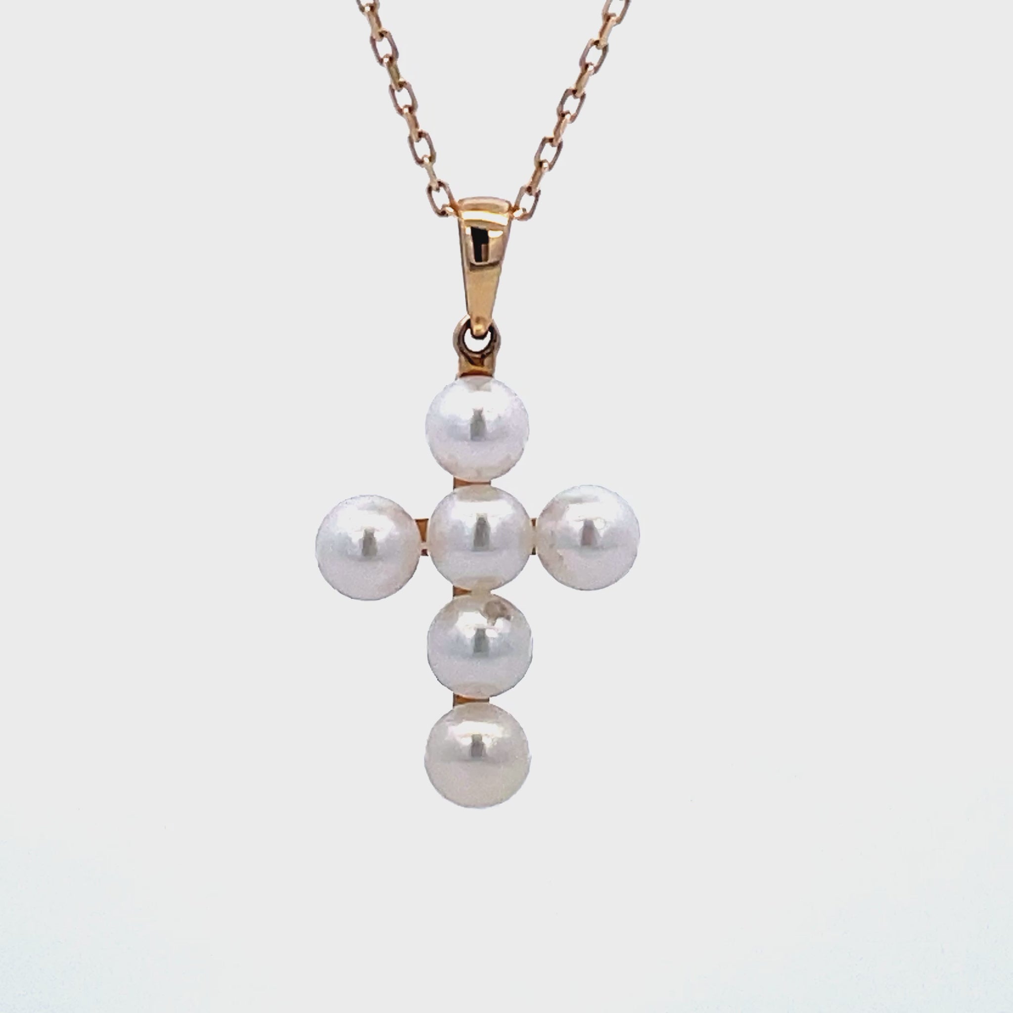 Try on video of 14k Italian Made Yellow Gold Pearl Cross Pendant Necklace