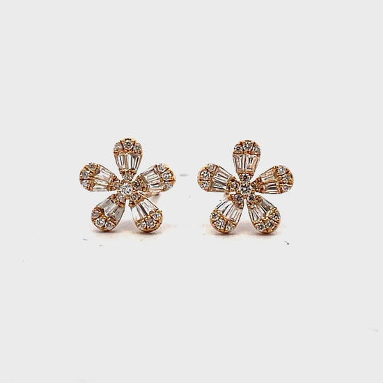 Try on video of 18K Yellow Gold Small Five Petal Flower Diamond Stud Earrings 0.58 cts