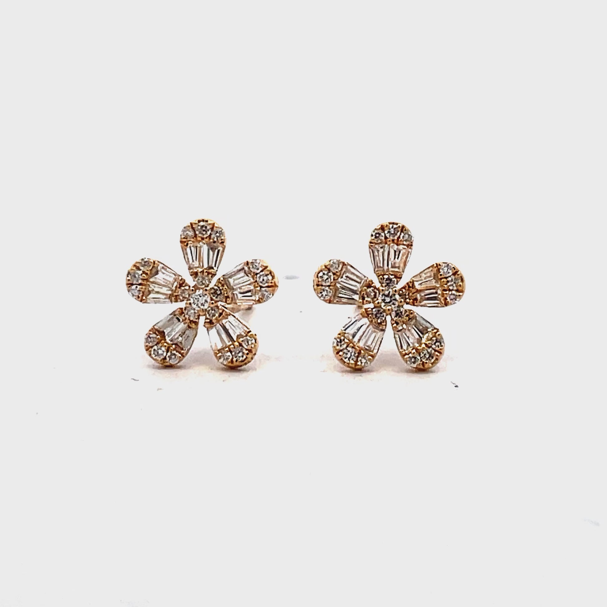 Try on video of 18K Yellow Gold Small Five Petal Flower Diamond Stud Earrings 0.58 cts
