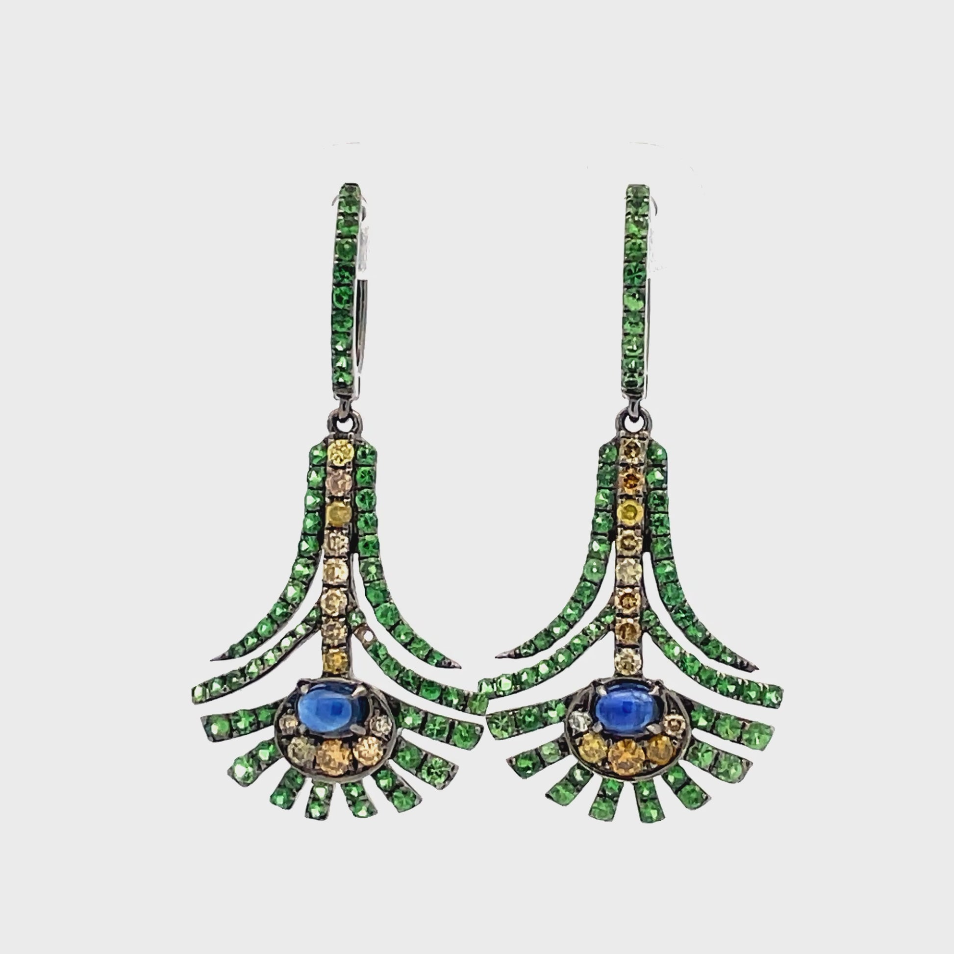 Watch video of front view of Peacock Color Emerald, Sapphire and Yellow Diamond Drop Earrings