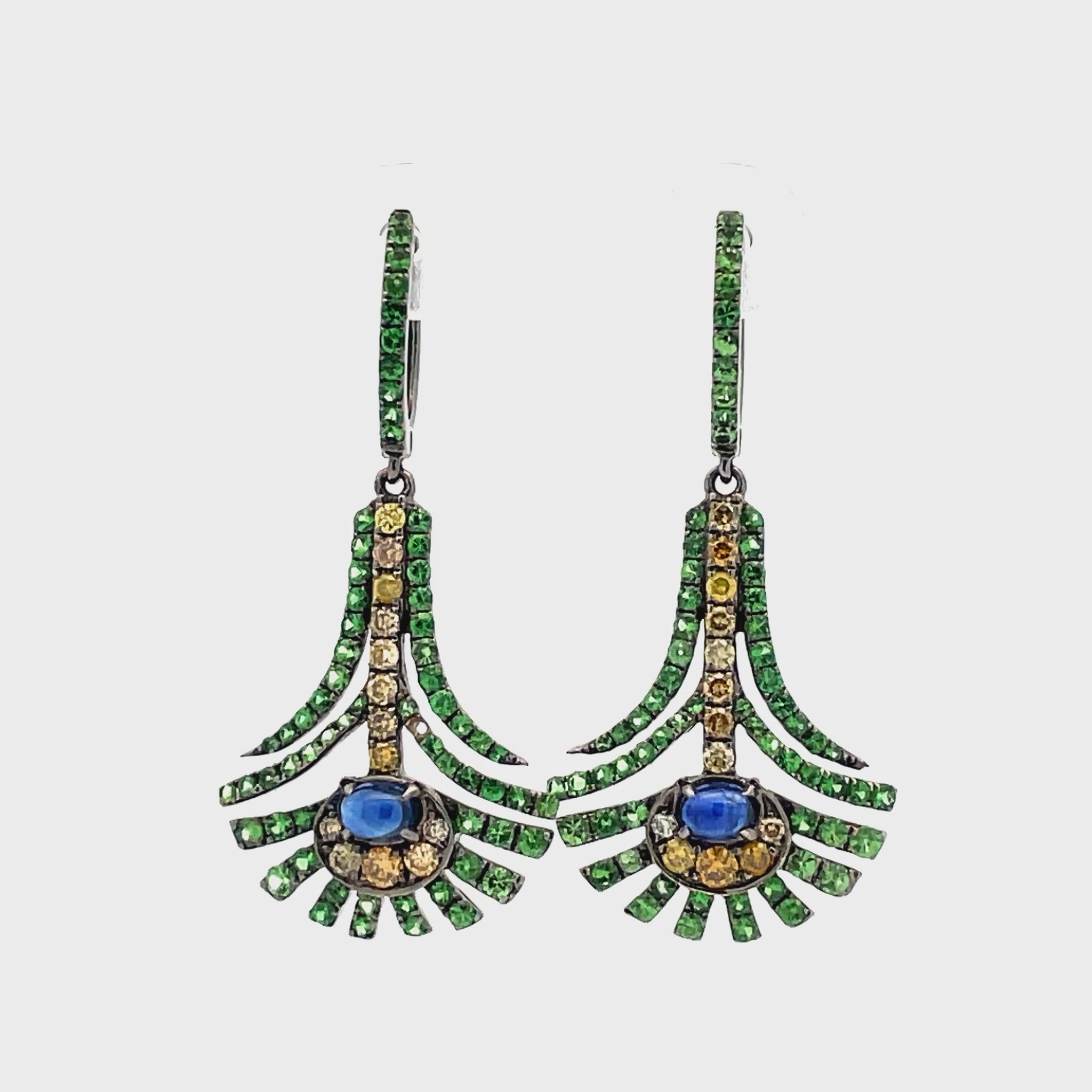 Watch video of front view of Peacock Color Emerald, Sapphire and Yellow Diamond Drop Earrings