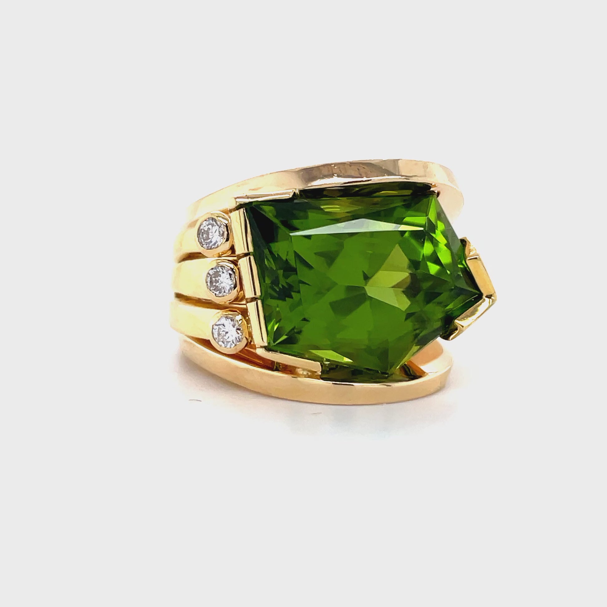 Watch Video of Front and Side View of Geometrical Peridot and Diamond Ring