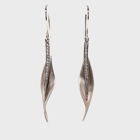 Front and Side View of Diamond Leaf White Gold Drop Earrings