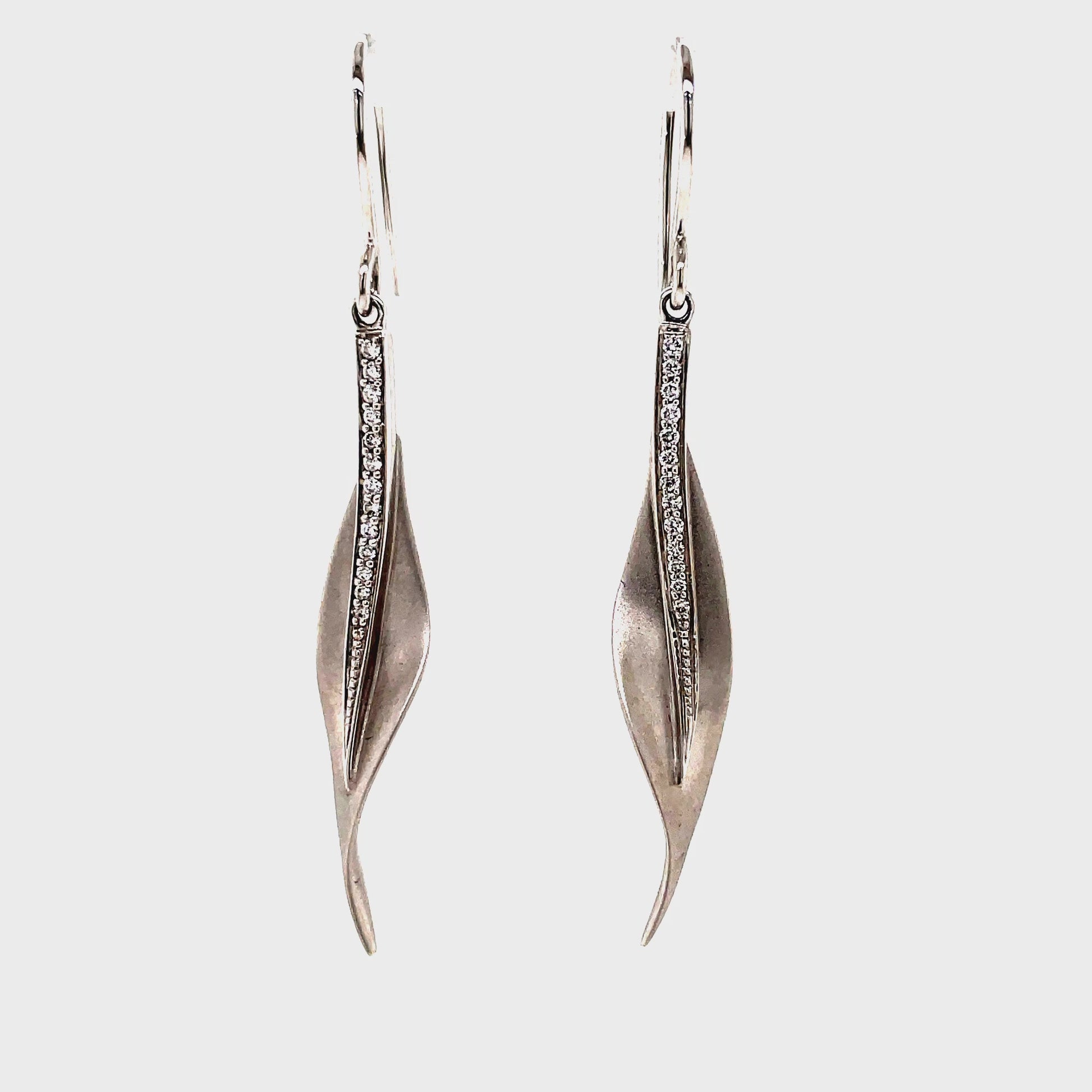 Front and Side View of Diamond Leaf White Gold Drop Earrings