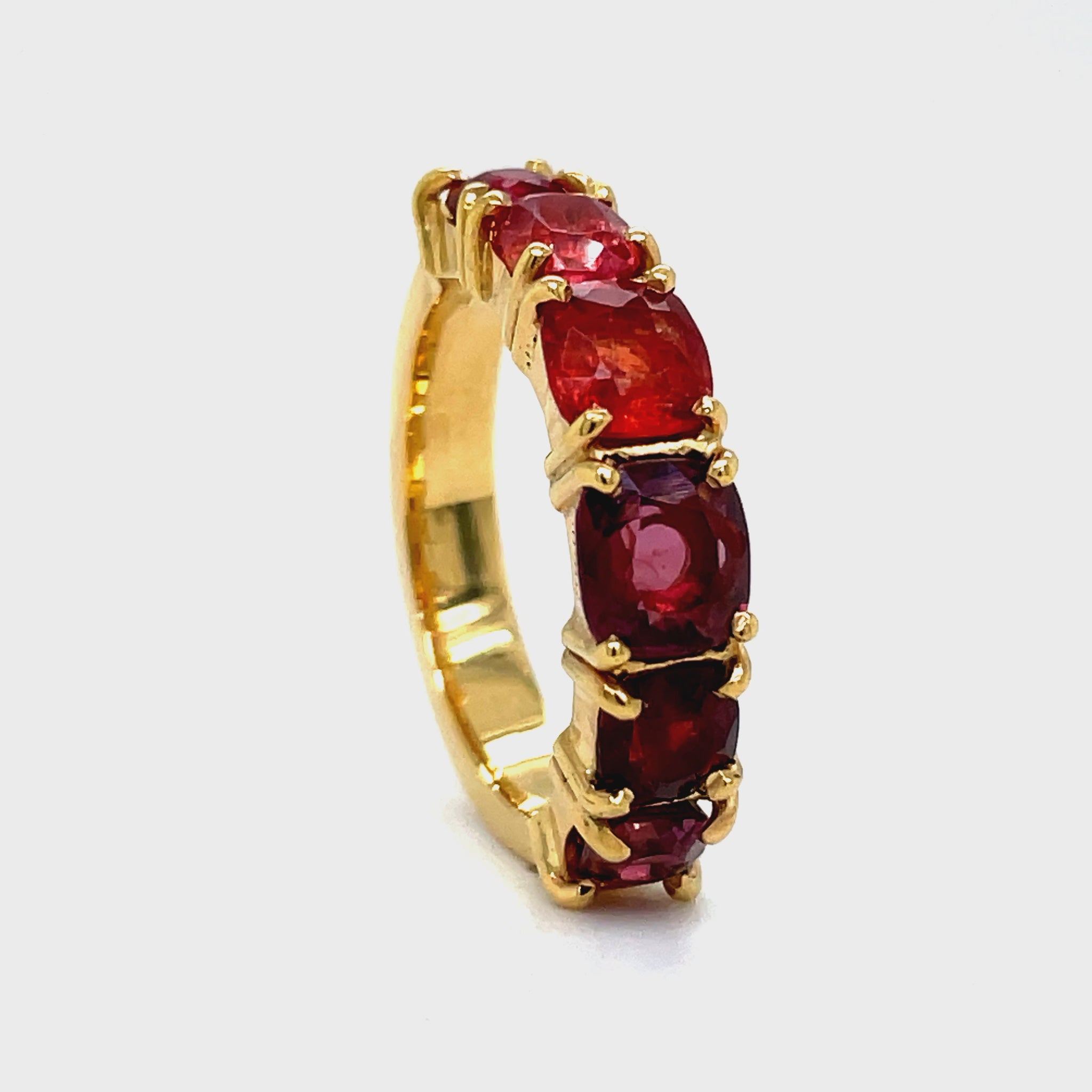 ndulge in the ultimate luxury with our Multicolor Sapphire Band Ring. Crafted from 18k yellow gold, this exclusive piece boasts 6 stunning multi-colored sapphire stones, set in exquisite anniversary bands. Elevate any look with this sophisticated and elegant addition to your jewelry collection.