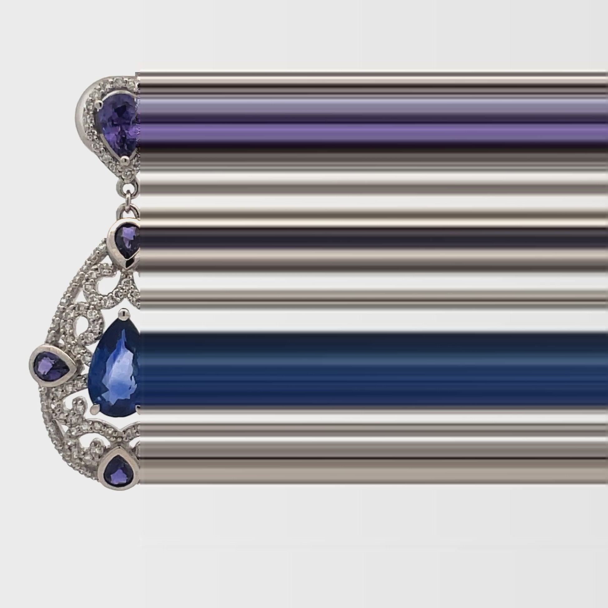 Watch video of front view of Multi Color Sapphire Teardrop Earrings Filigree Design