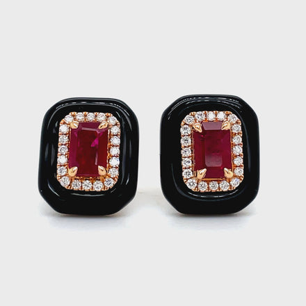 ndulge in luxury with our Ruby Diamond Stud Earrings, set in 18k rose gold with a secure friction back. The striking Rectangular Ruby 1.37 cts surrounded by round diamonds 0.19 cts are enhanced by the elegant cabochon onyx, making this a unique and sophisticated addition to your jewelry collection.