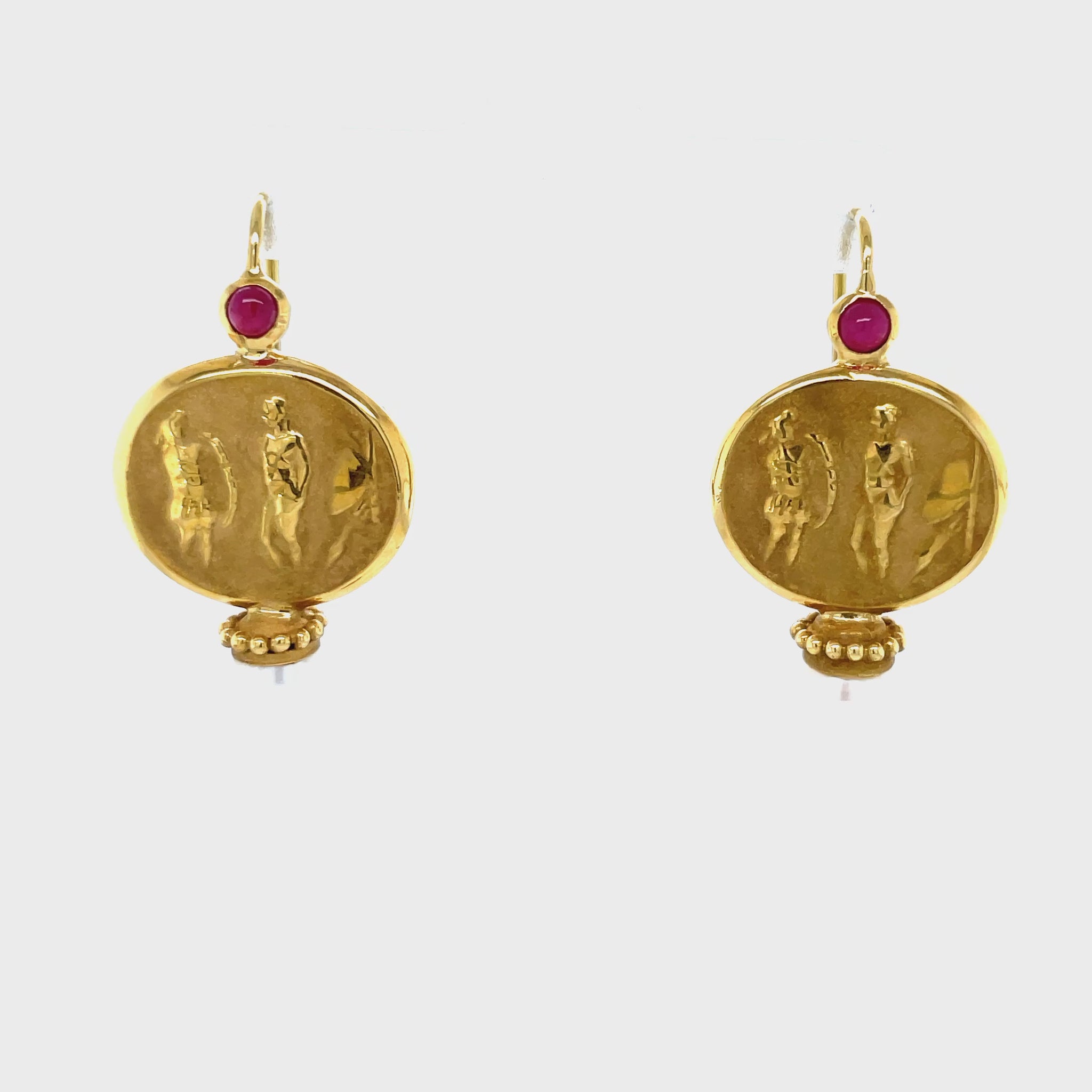 Front and Side View of Italian Made Intaglio Yellow Gold Ruby & Pearl Drop Earrings