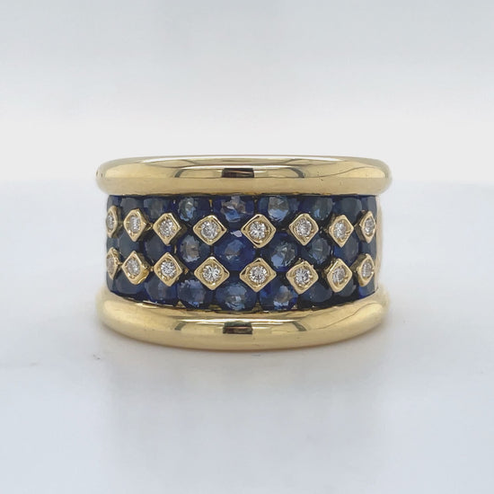 Watch Video of Front and Side View for Italian Sapphire and Diamond Wide Yellow Ring
