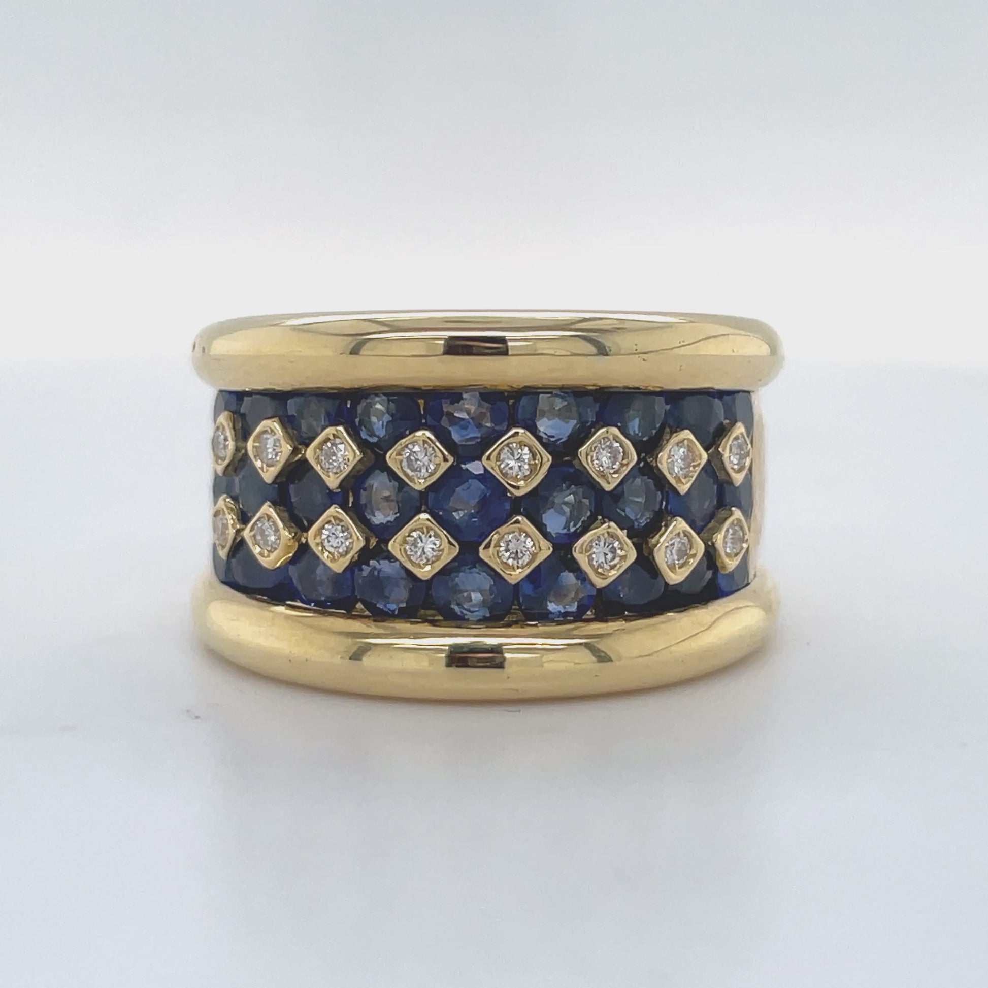 Watch Video of Front and Side View for Italian Sapphire and Diamond Wide Yellow Ring