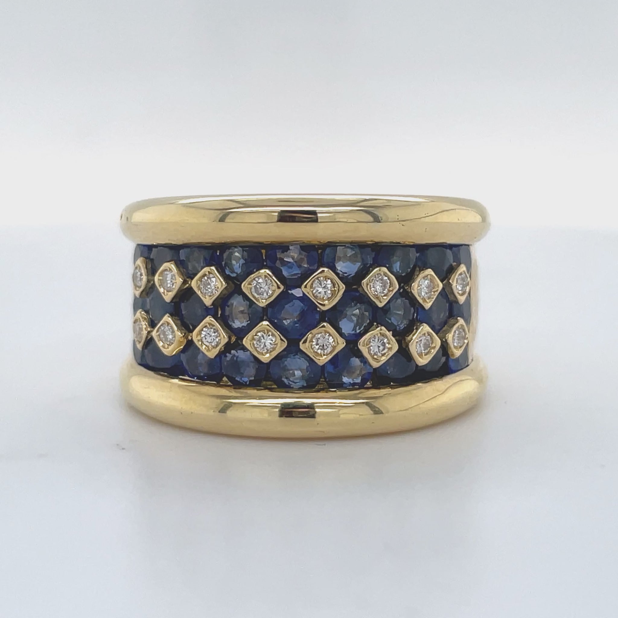 Watch Video of Front and Side View for Italian Sapphire and Diamond Wide Yellow Ring