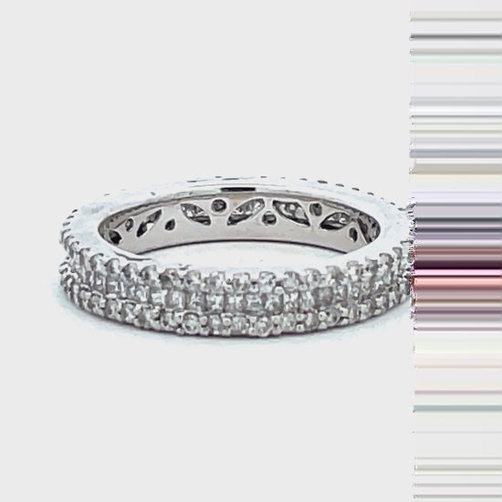 Try on video of 18k White Gold Three Row Diamond Eternity Band