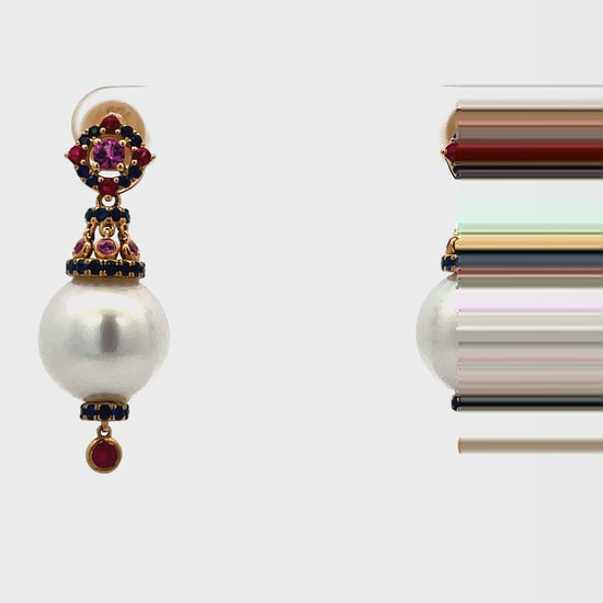Try on video of 18k Yellow Gold Fancy Cultured Pearl Earrings with Rubies and Sapphires 