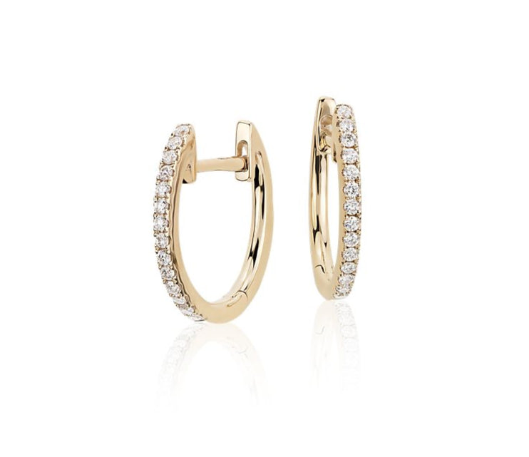 Diamond Huggie Earrings Oval Shape Yellow Gold Front and Side View 
