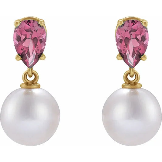 Front view of 14k Yellow Gold Pink Tourmaline & Culture Pearl Drop Earring