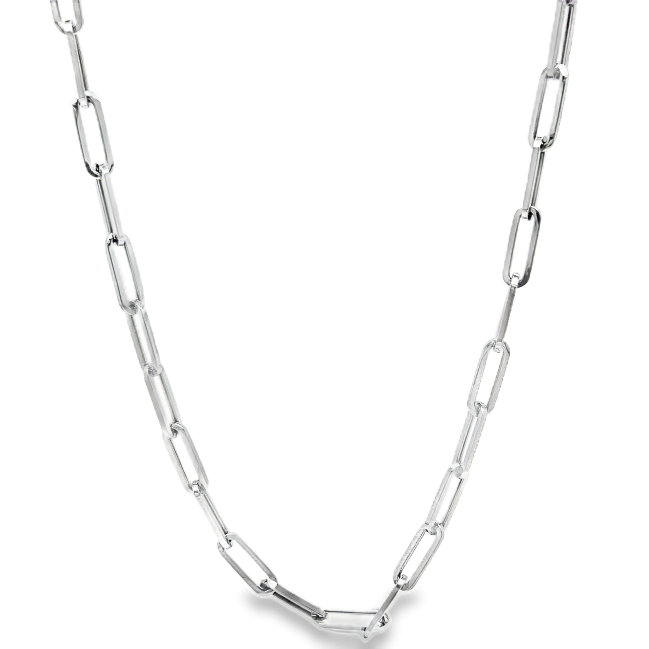 ndulge in luxury with our 14K White Italian Paperclip Link Chain Necklace. Expertly crafted in Italy from precious 14k white gold, this necklace boasts a sophisticated paperclip style and measures 20" in length. At 6.6 grams, it is a lightweight and versatile piece that exudes elegance and refinement. Elevate your style with this exclusive necklace today.