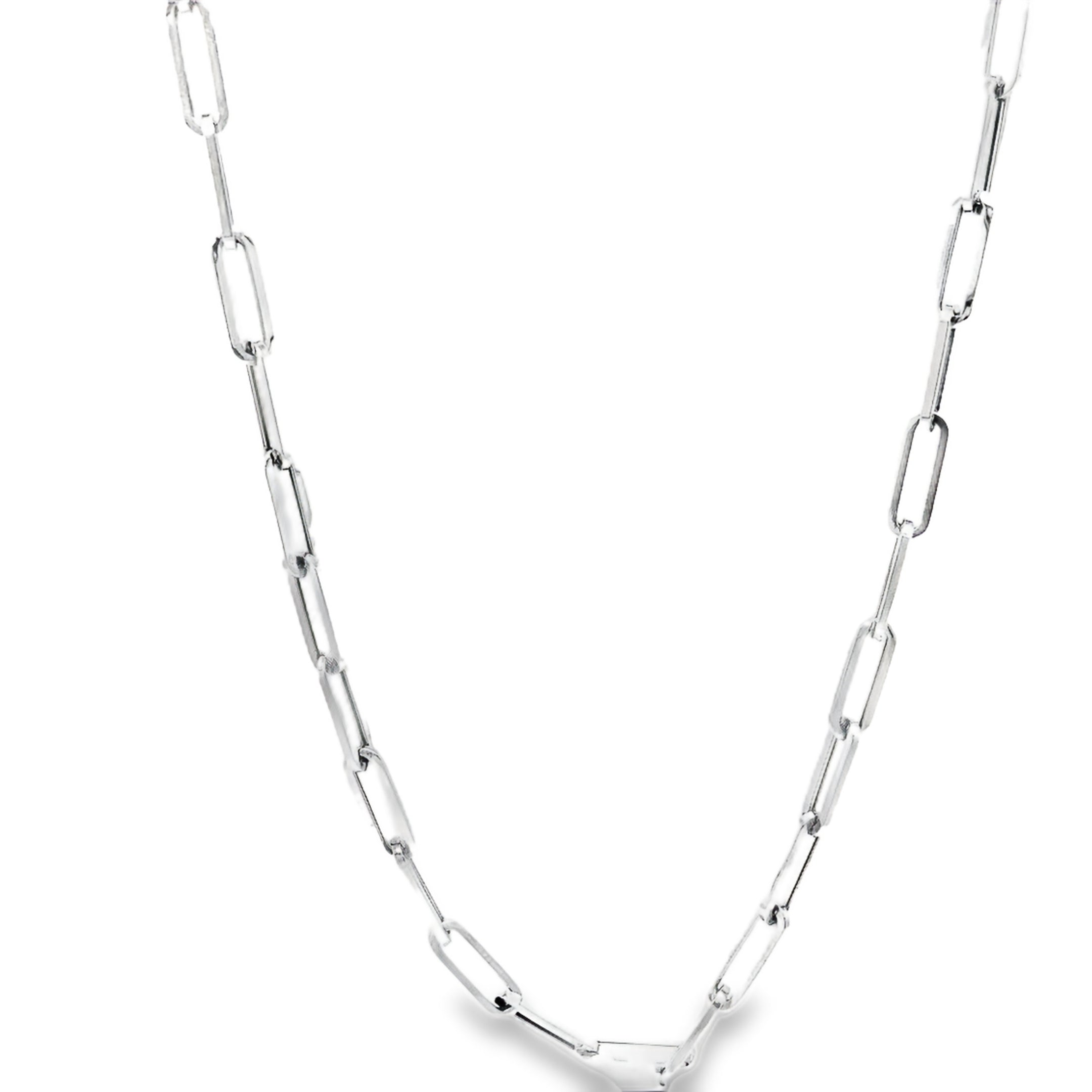 ndulge in luxury with our 14K White Italian Paperclip Link Chain Necklace. Expertly crafted in Italy from precious 14k white gold, this necklace boasts a sophisticated paperclip style and measures 20" in length. At 6.6 grams, it is a lightweight and versatile piece that exudes elegance and refinement. Elevate your style with this exclusive necklace today.