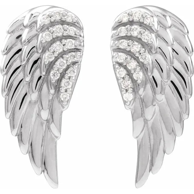 Adorn yourself with these dazzling angel earrings, crafted in 14 kt white gold and boasting a deluxe 0.07 ct. round diamonds. At 16.00 x 7.00 mm, these earrings will add sparkle and shine to any look. The secure friction backs offer effortless wear.