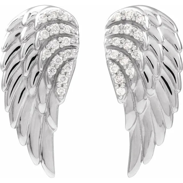 Front view of 14k White Gold Diamond Angel Wings Earrings White Gold