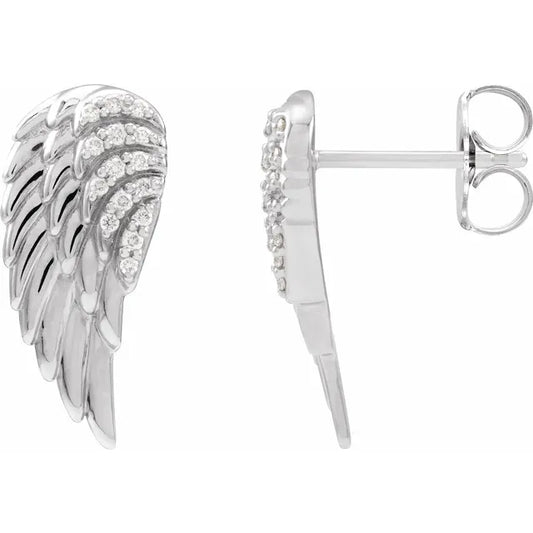 Front and side view of 14k White Gold Diamond Angel Wings Earrings White Gold