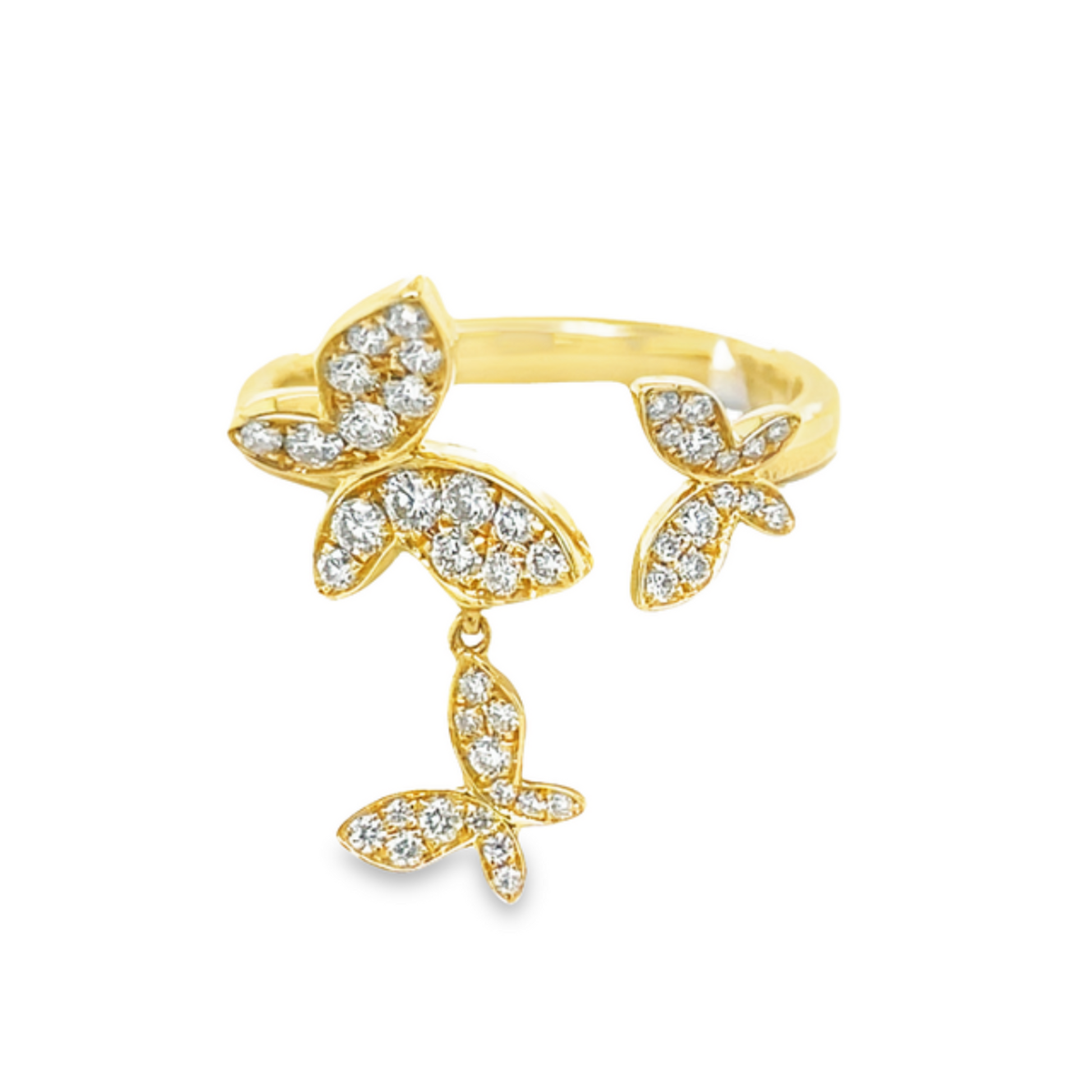 Front view of 18k Diamond Triple Dangling Open Butterfly Ring in Yellow Gold