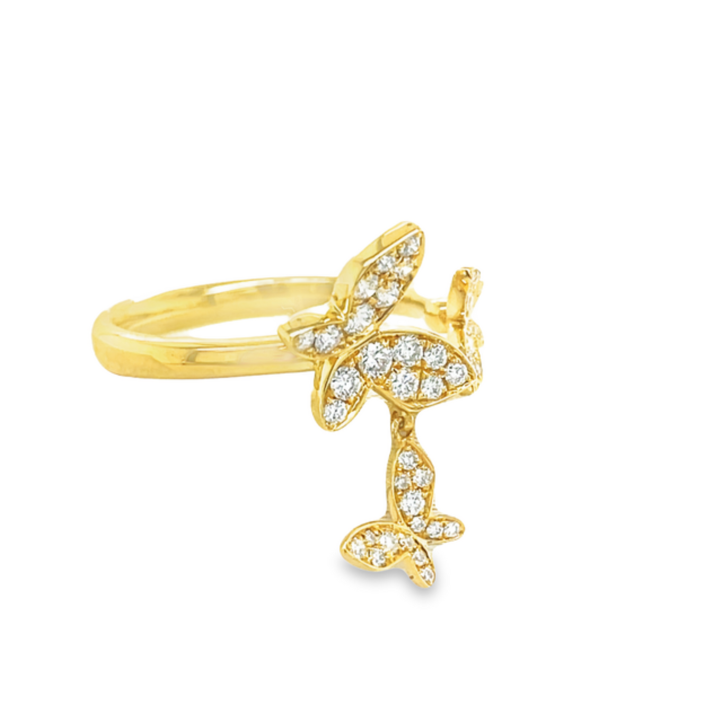 Side view of 18k Diamond Triple Dangling Open Butterfly Ring in Yellow Gold