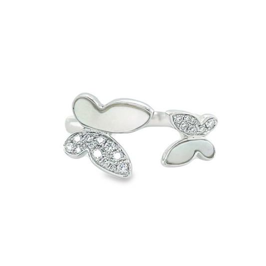 Front view of 18K MOP & Diamond Double Open Butterfly Ring in White Gold