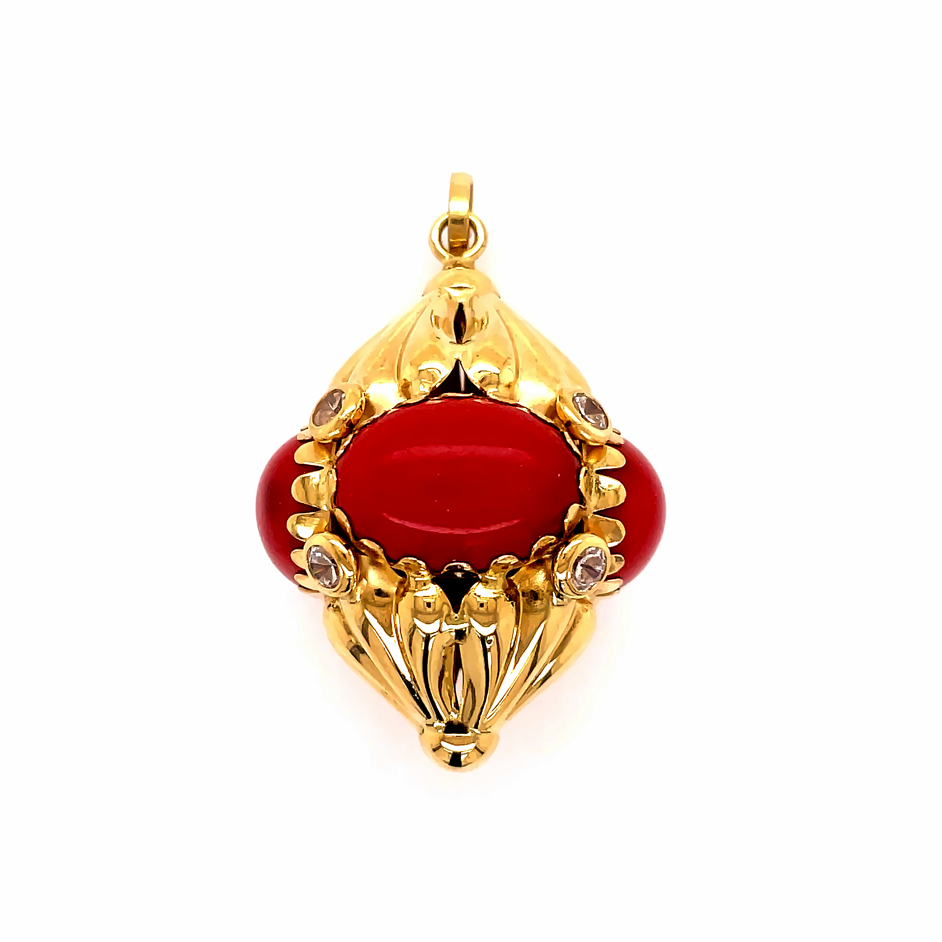 Solid 18k yellow gold  Great condition  Light wear  Red resin  8 Round diamonds 