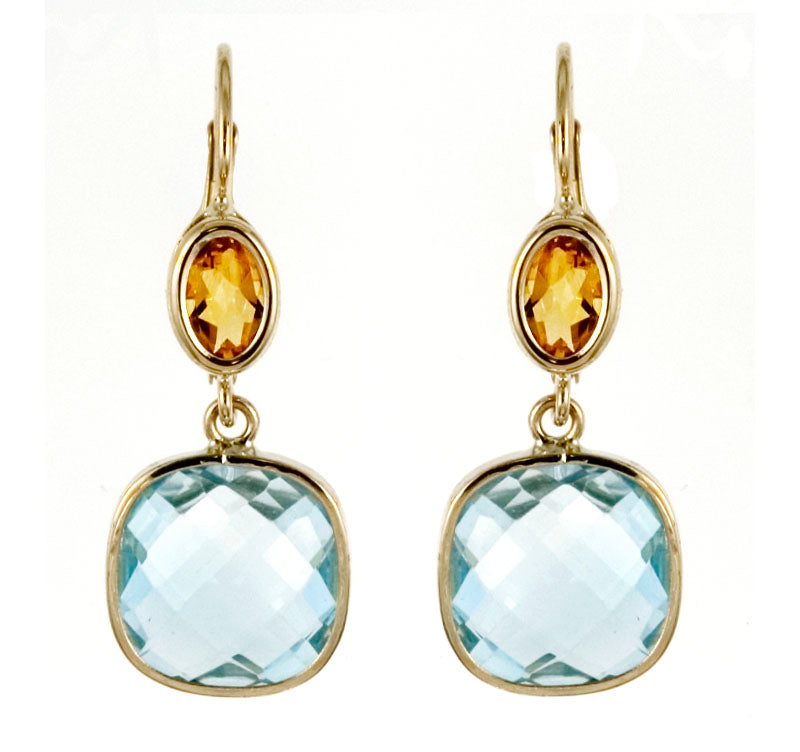  Front view of 14k Yellow Gold Blue Topaz & Citrine Drop Earrgins