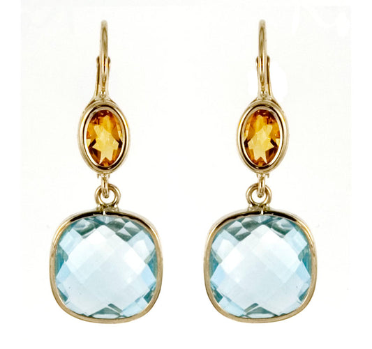  Front view of 14k Yellow Gold Blue Topaz & Citrine Drop Earrgins