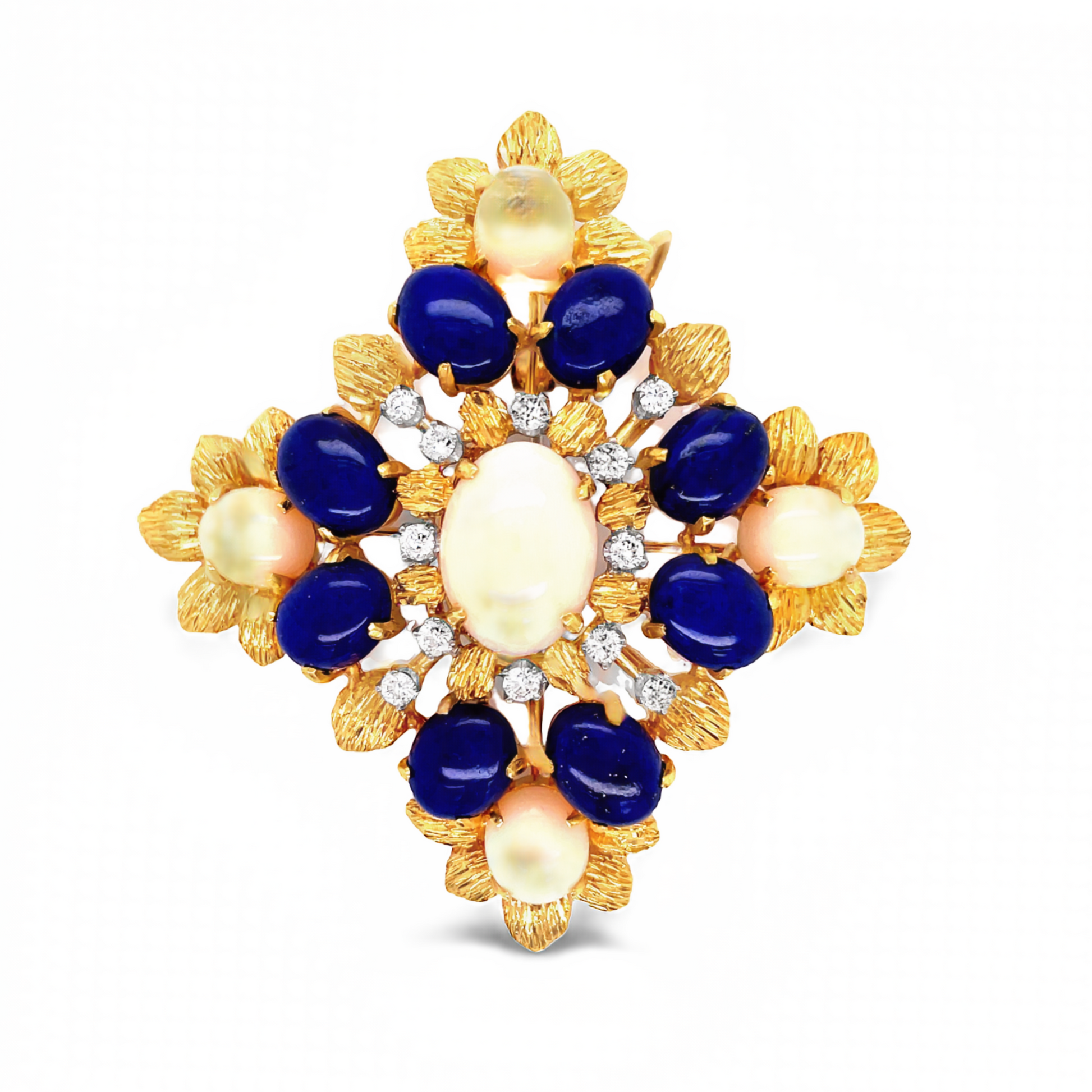 Vintage 18k Yellow Gold Lapis, Angel Skin & Diamond Brooch Top view 