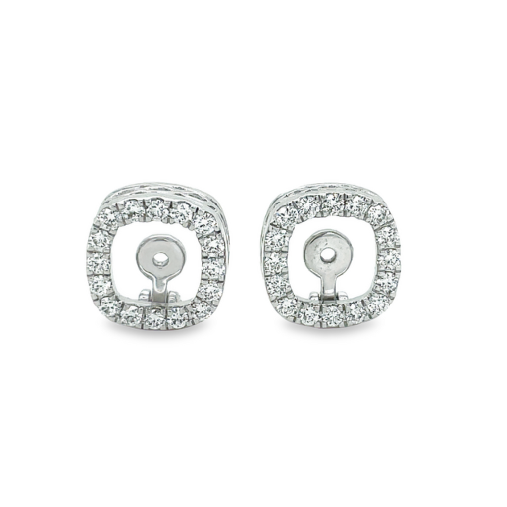Marvel in the majestic beauty of these 14k white gold earring jacketss. Their bold 11.00 x 11.00 mm square shape is accentuated with F/G grade round diamonds that twinkle with 0.66 cts. The diamond square removable jackets are a must-have addition to your jewelry collection! (Diamond studs not included.)
