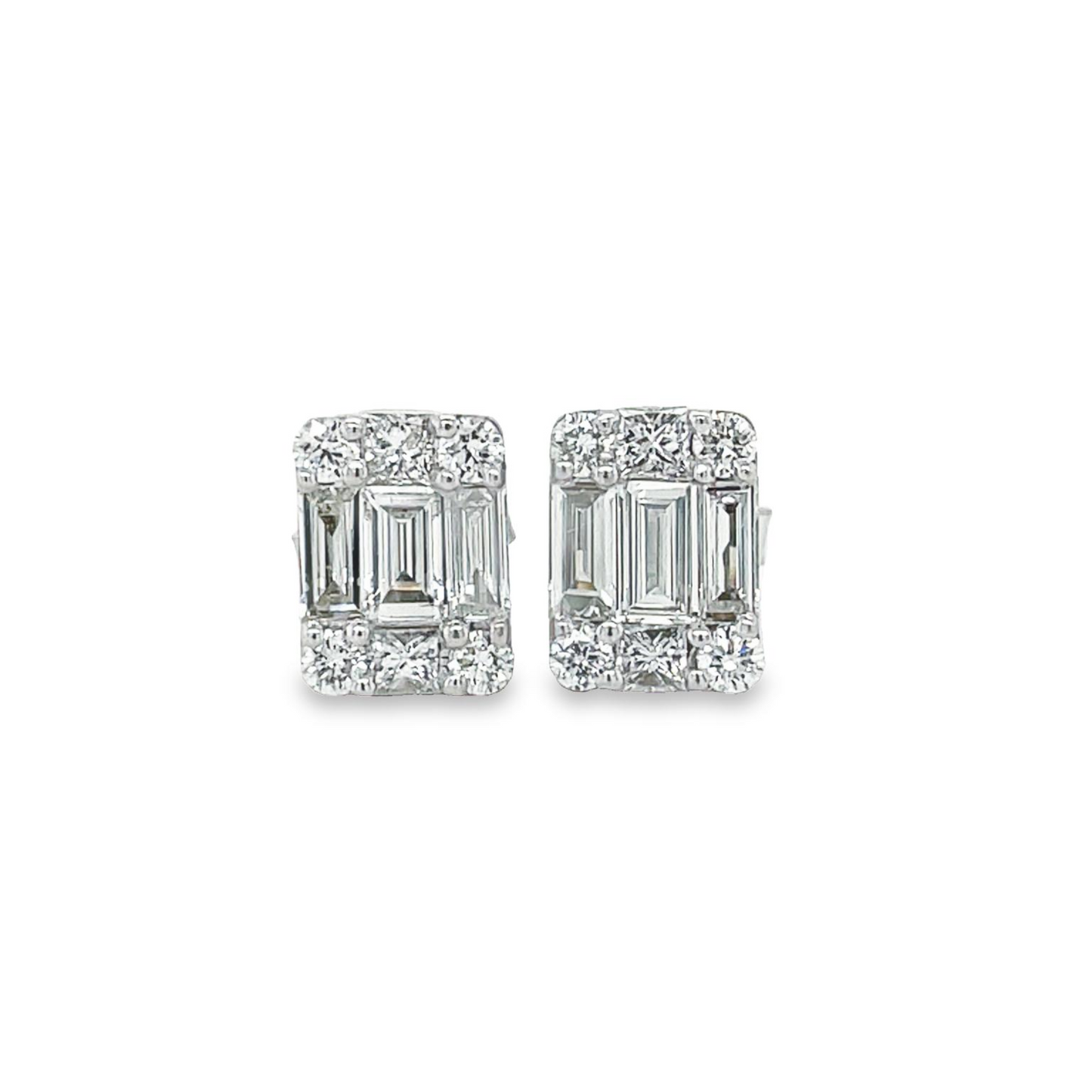 Round & Baguette Illusion Diamond Stud Earrings Front view 