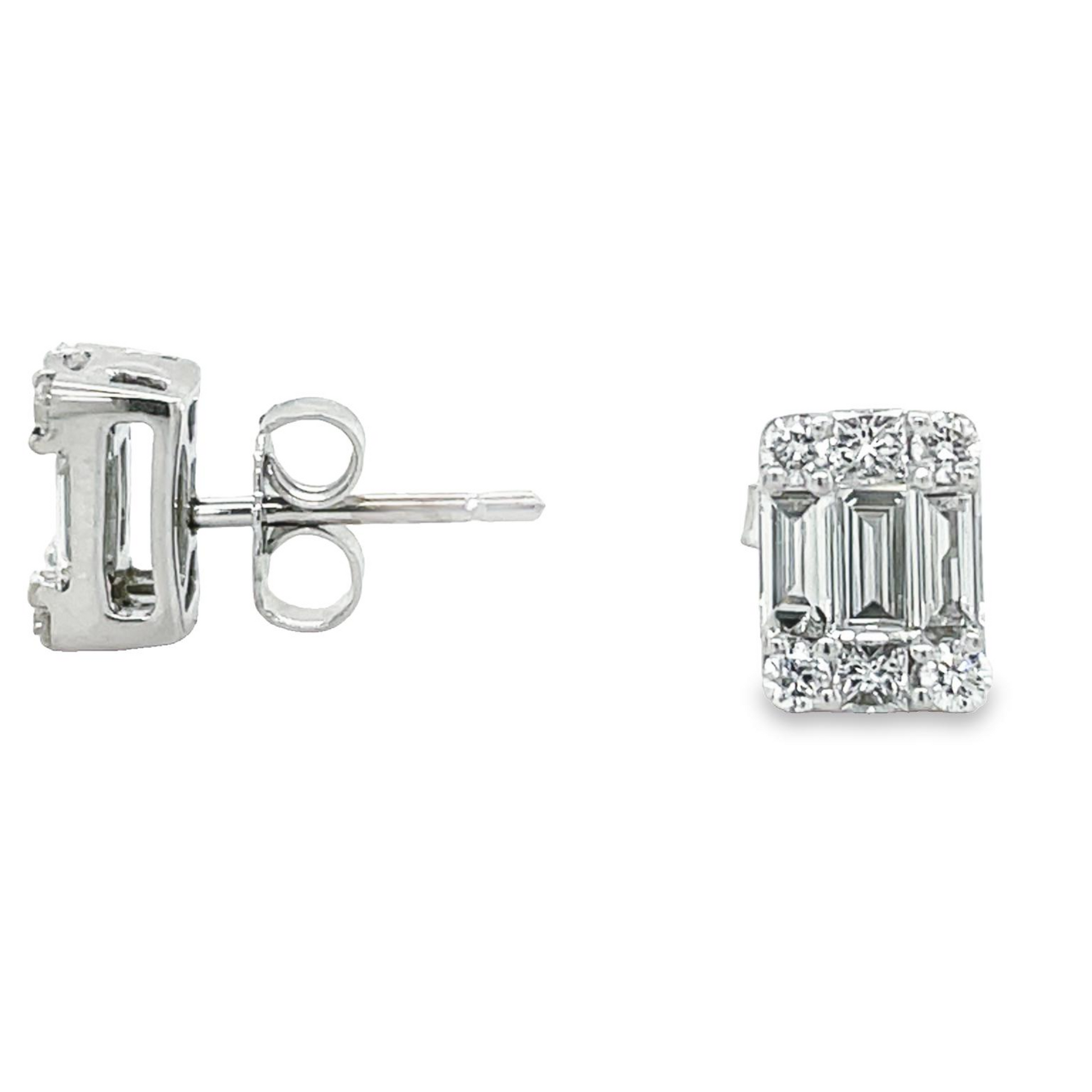 Round & Baguette Illusion Diamond Stud Earrings Front and Side View