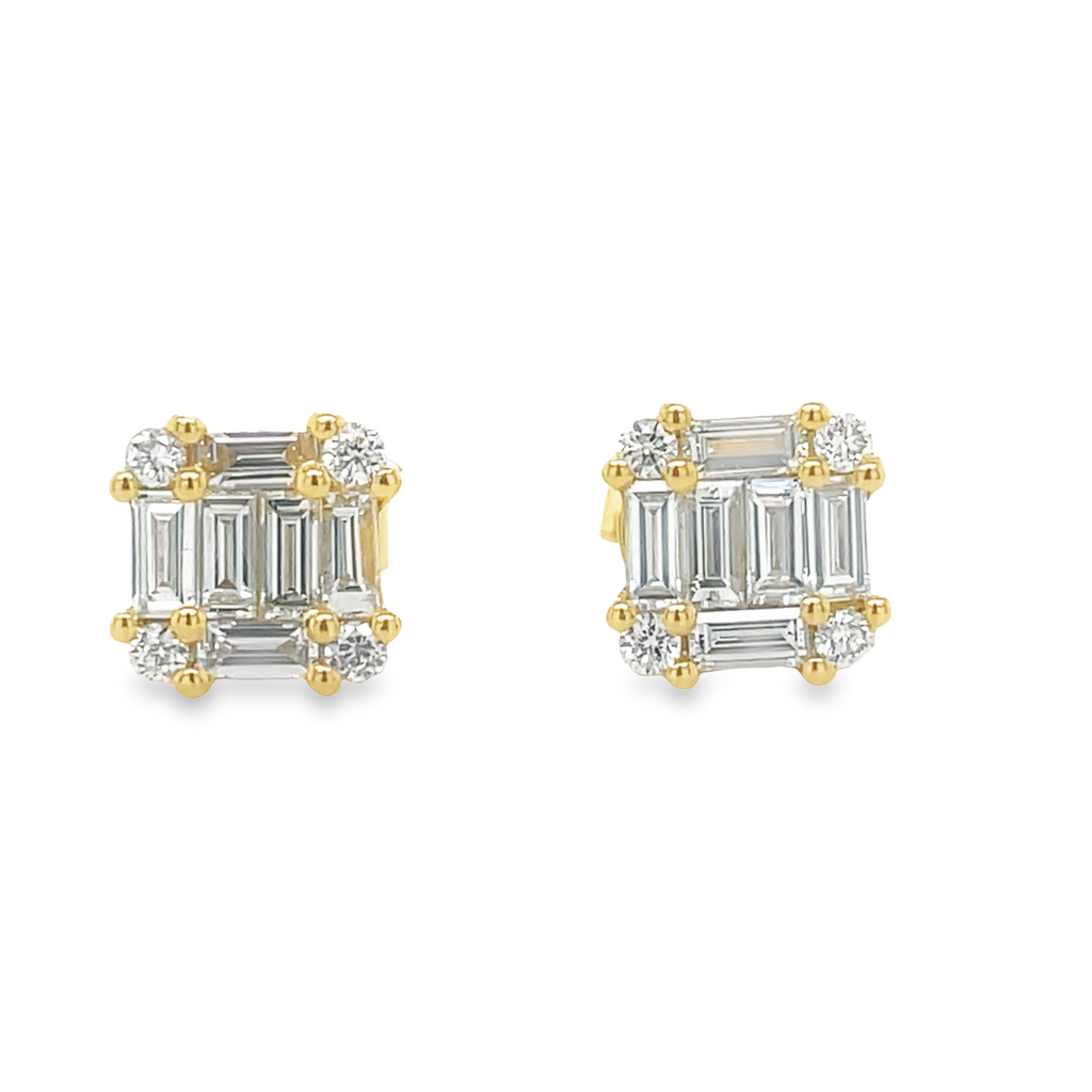 Dainty diamond earrings.   18k yellow gold  Secure heart shaped friction backs  Round & baguette diamonds 0.52 cts   7.00 mm 